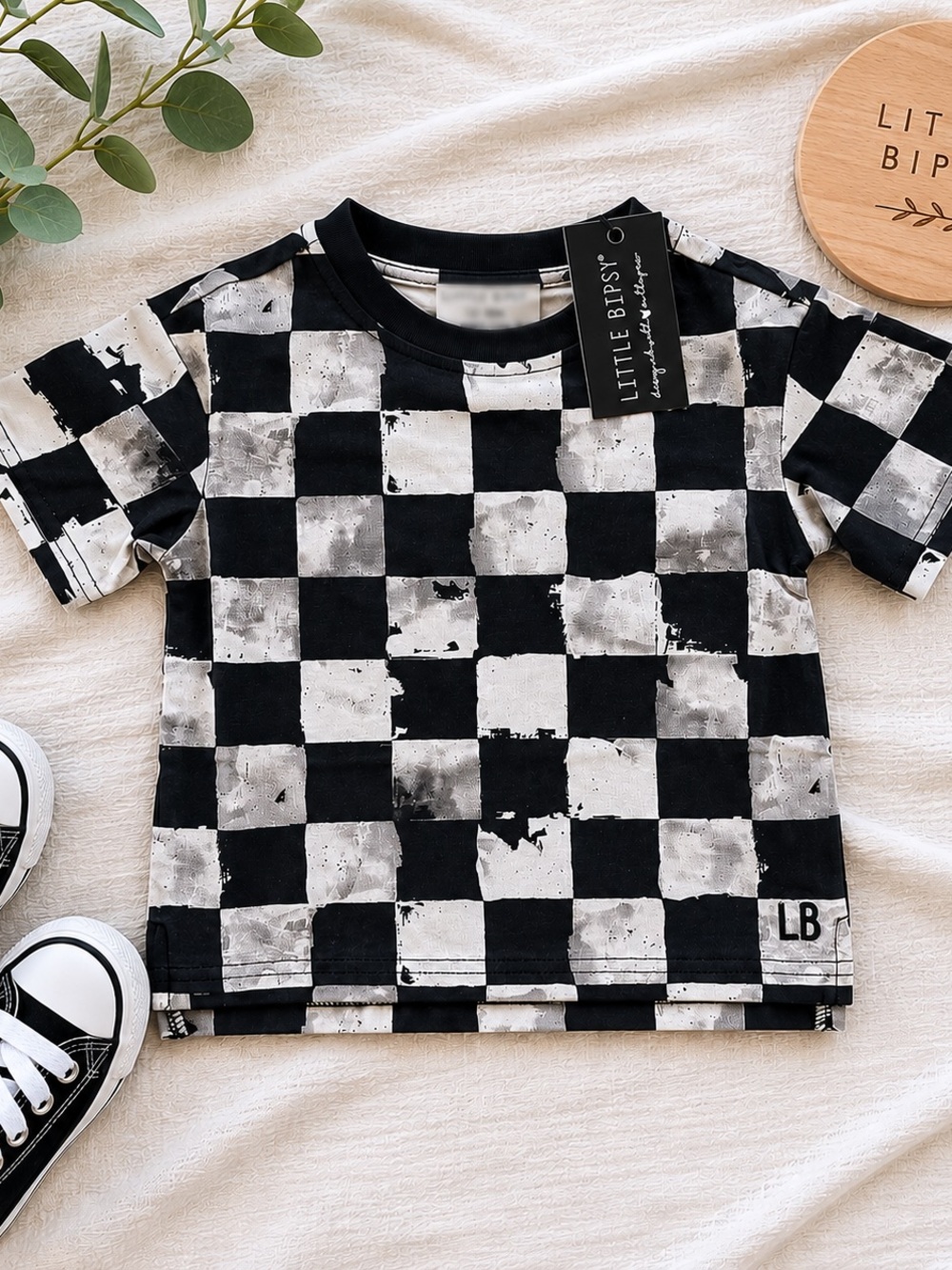 NWT Little Bipsy Black White Checkered Tee 3-6M Boutique Boys